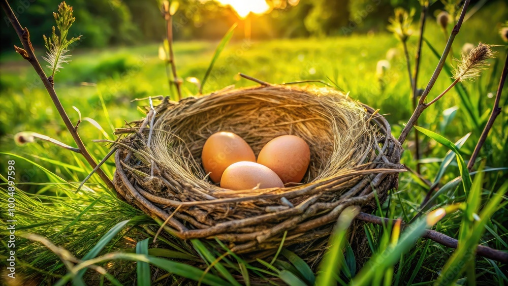 Three Broken Eggs Nestled in a Natural Bird's Nest Surrounded by Twigs ...