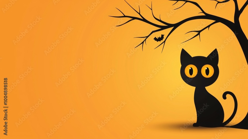A black cat is sitting in front of a tree with a Halloween theme A black cat is sitting in front of a tree with a Halloween theme