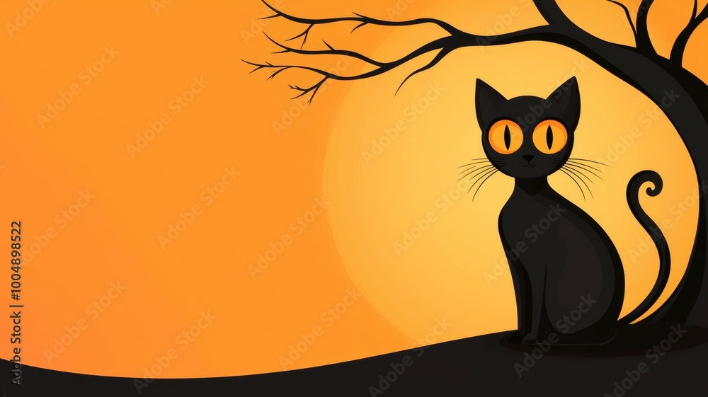 A black cat is sitting in front of a tree with orange leaves A black cat is sitting in front of a tree with orange leaves