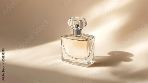 A glass bottle of perfume with a silver cap on a soft, light brown background.