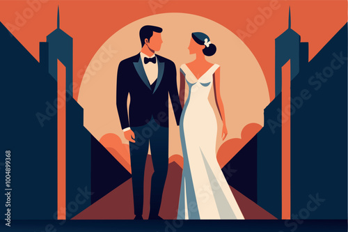 Bride and groom newlyweds couples getting married. Vector flat illustration