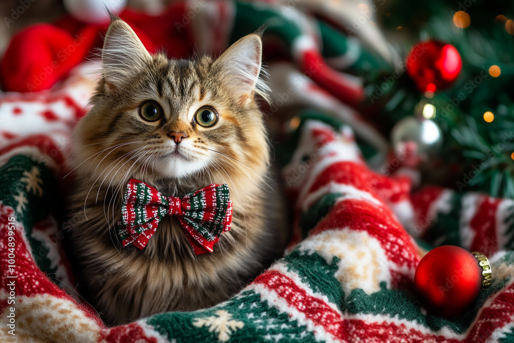 fluffy-cat-festive-bow-christmas-sitting fluffy-cat-festive-bow-christmas-sitting