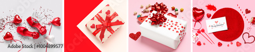 Festive collage for Valentines Day celebration with gifts and female accessories on color background