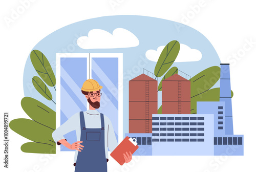 Man at window factory. Guy in construction uniform and helmet place window in room. Professional master, craftsman. Building and engineering. Flat vector illustration isolated on white background