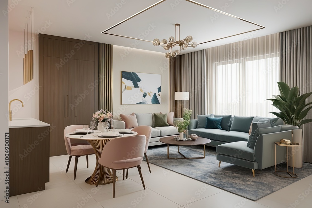 © Michael - Elegant Dining Corner and Airy Living Room Interior Style with Soft Colors and Modern Furniture 3D Rendering © Michael - Elegant Dining Corner and Airy Living Room Interior Style with Soft Colors and Modern Furniture 3D Rendering