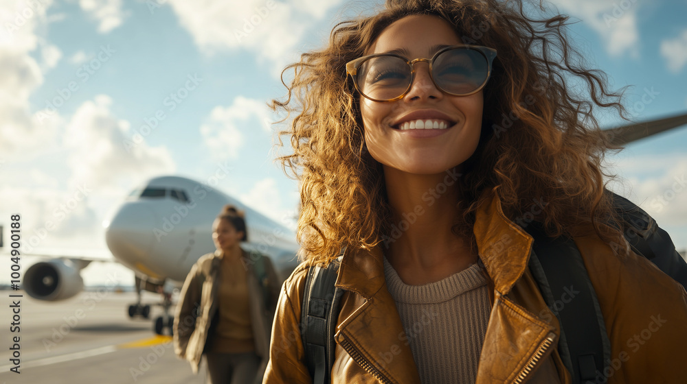 brunette woman traveling by airplane at the airport with a backpack and suitcase, showcasing her adventurous spirit and traveler lifestyle