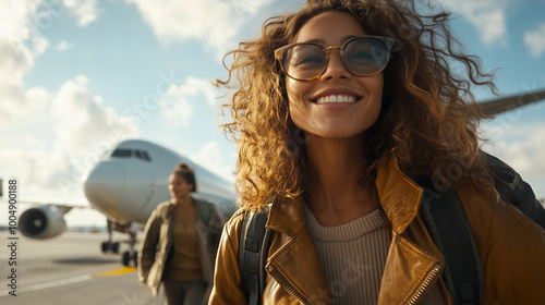 Obraz na płótnie brunette woman traveling by airplane at the airport with a backpack and suitcase, showcasing her adventurous spirit and traveler lifestyle w salonie