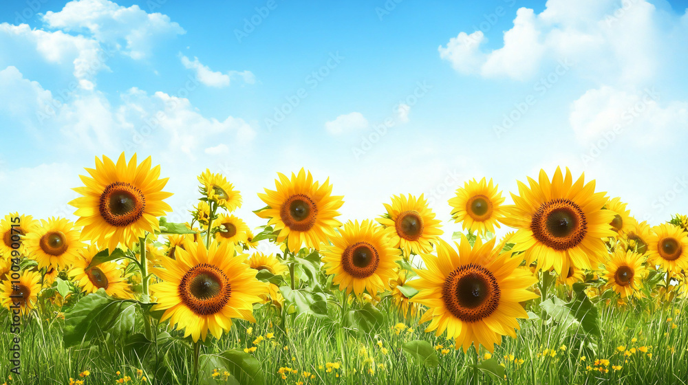 Obraz premium A bright and cheerful summer background with sunflowers, perfect for uplifting designs.