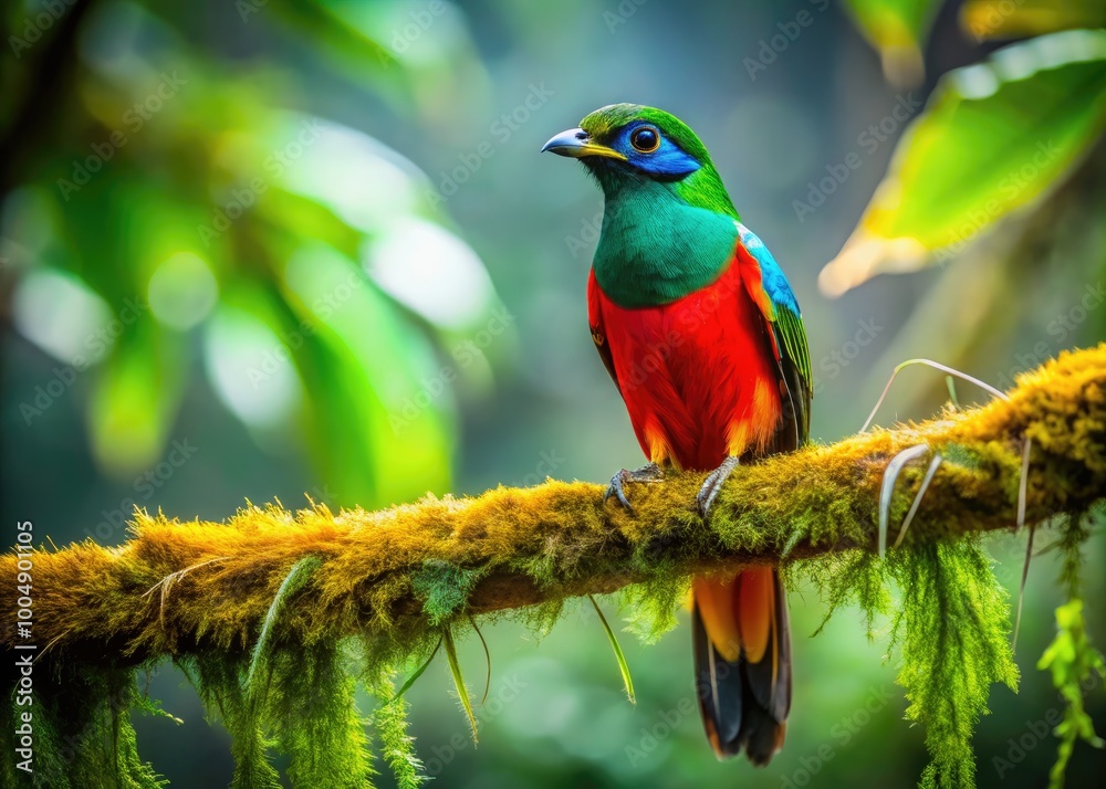 Unusual Bird with Vibrant Plumage Perched on Branch in a Lush Green Forest Environment Unusual Bird with Vibrant Plumage Perched on Branch in a Lush Green Forest Environment