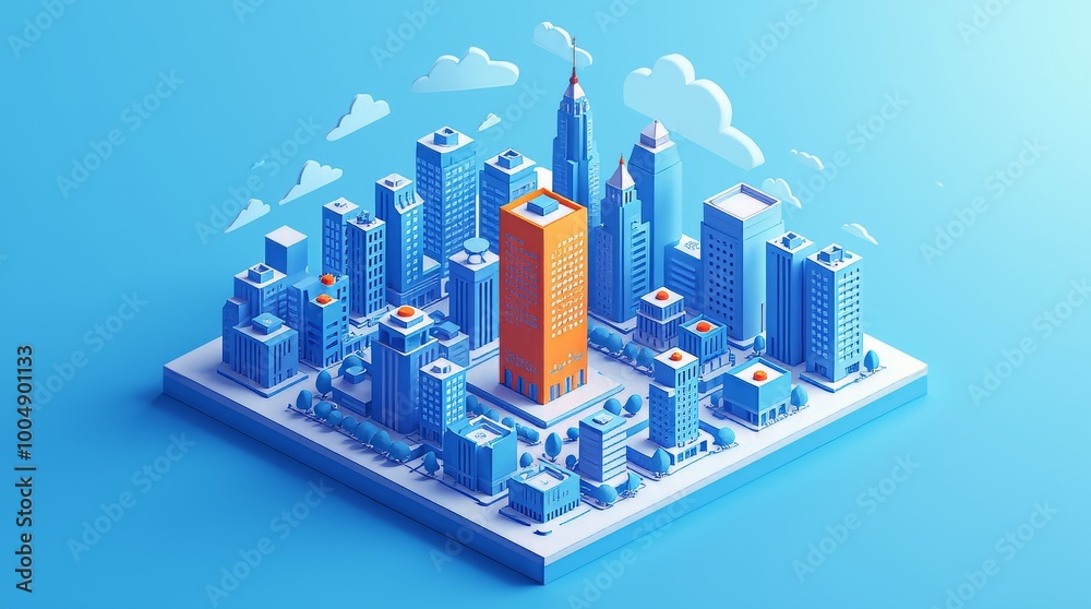 Vertical isometric blue city illustration with orange building in the center which stand out from the rest of the modern city Vertical isometric blue city illustration with orange building in the center which stand out from the rest of the modern city