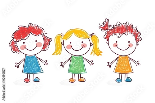 Three young girls, drawn in a childlike style, stand side by side, each with a different colored dress and hair.