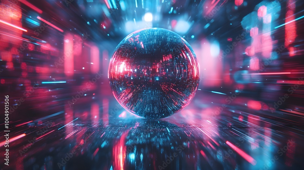 Neon-lit disco ball spinning, layered with double exposure of abstract geometric patterns and colorful light trails, creating a retro futuristic vibe