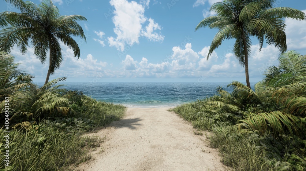 Naklejka premium Tropical Beach Path with Palm Trees and Ocean View