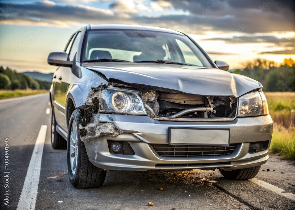 Vehicle with damaged bumper and broken taillight after a collision on the side of the road