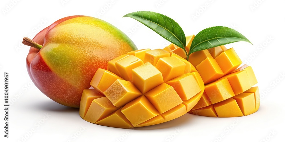 Vibrant 3D Mango Illustration Featuring Cubed Section for Creative Design and Culinary Use Vibrant 3D Mango Illustration Featuring Cubed Section for Creative Design and Culinary Use