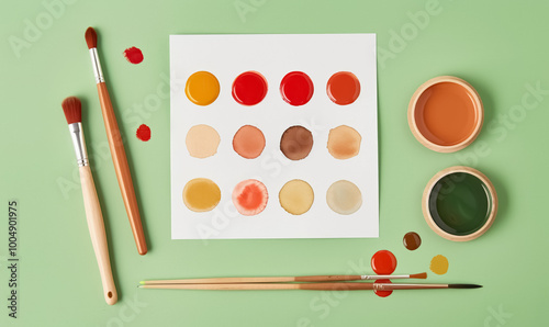 neatly organized set of paintbrushes and color palettes, variety of vibrant shades and essential tools for creative expression in painting, simplicity and organized artistic creativity