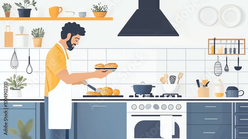 A bearded man in an apron is cooking in a stylish kitchen.
