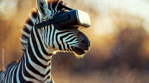 A zebra wearing a virtual reality headset in a savanna setting during a golden hour