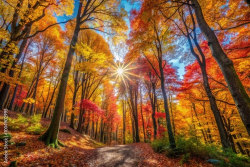 Vibrant Autumn Forest with Colorful Foliage and Sunlight Filtering Through the Trees