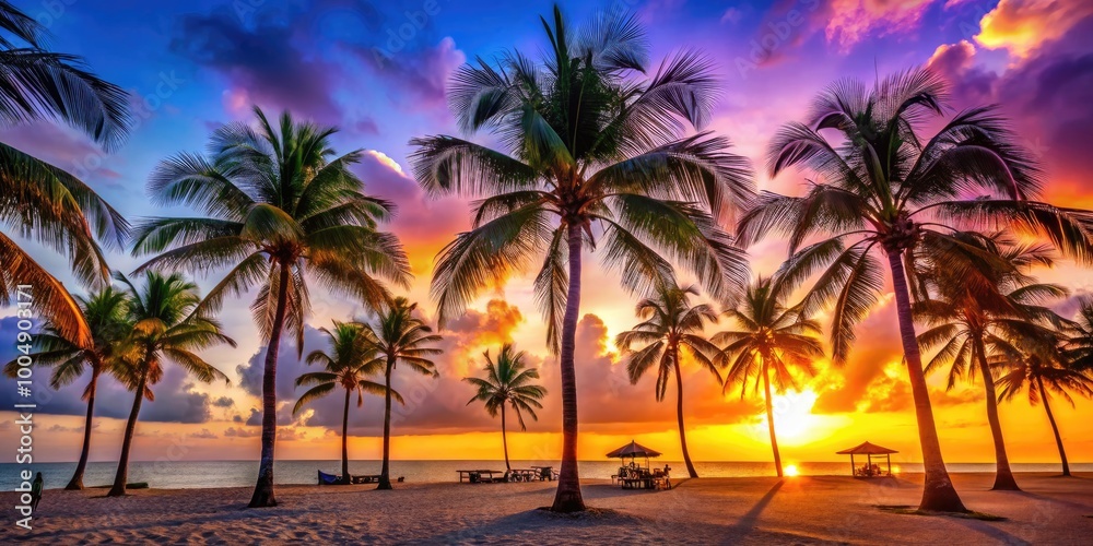 Fototapeta premium Vibrant Beach Scene at a Tropical Destination with Palm Trees and Relaxing Atmosphere in Miami