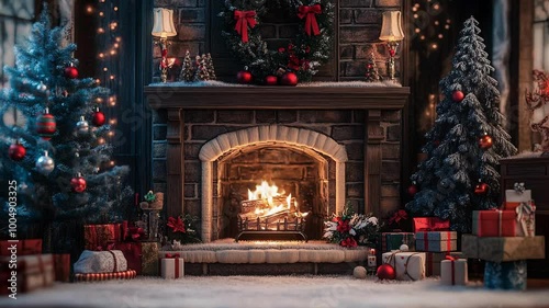 Cozy Christmas Fireplace with Festive Decor Seamless Looping Background