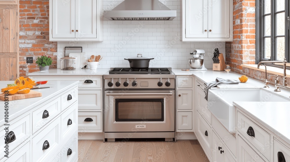 Modern White Kitchen Interior with Exposed Brick Wall and Stainless Steel Appliances Modern White Kitchen Interior with Exposed Brick Wall and Stainless Steel Appliances