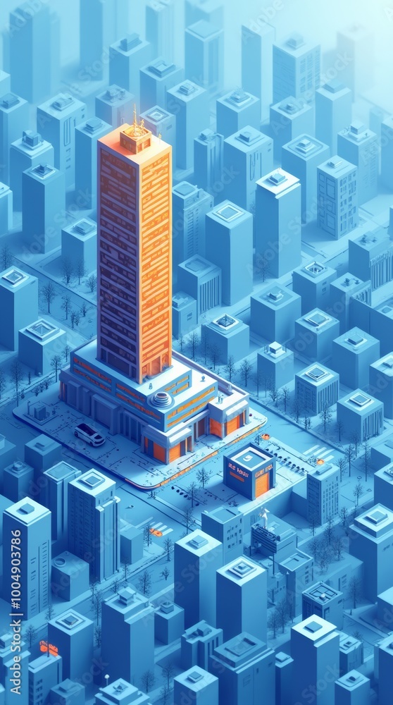 Vertical isometric blue city illustration with orange building in the center which stand out from the rest of the modern city Vertical isometric blue city illustration with orange building in the center which stand out from the rest of the modern city