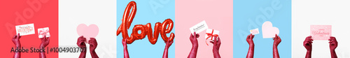 Collage of hands covered with glitter holding balloon, gifts and greeting cards for Valentines Day on color background
