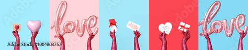 Collage of hands covered with glitter holding balloons, gifts and greeting cards for Valentines Day on color background