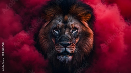 Overhead shot of a lion's powerful face, red smoke wrapping around its mane like flames, its deep eyes exuding raw strength and grace