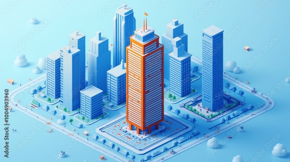Vertical isometric blue city illustration with orange building in the center which stand out from the rest of the modern city Vertical isometric blue city illustration with orange building in the center which stand out from the rest of the modern city