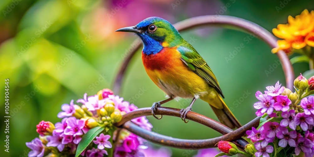 Obraz premium Vibrant Colorful Bird Perched on a Decorative Ring Surrounded by Natural Greenery and Flowers