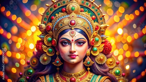 Vibrant depiction of the goddess Durga adorned with intricate jewelry and surrounded by symbolic elements