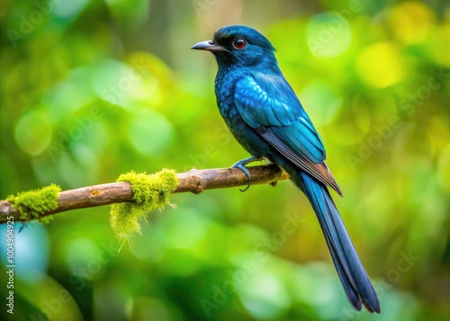 Vibrant Drongo Bird Perched on a Branch Against a Lush Green Background in Natural Habitat