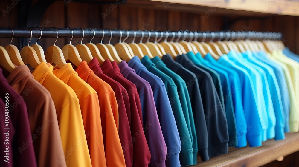 Colorful display of neatly arranged long-sleeve shirts on wooden rack in a retail shop Colorful display of neatly arranged long-sleeve shirts on wooden rack in a retail shop