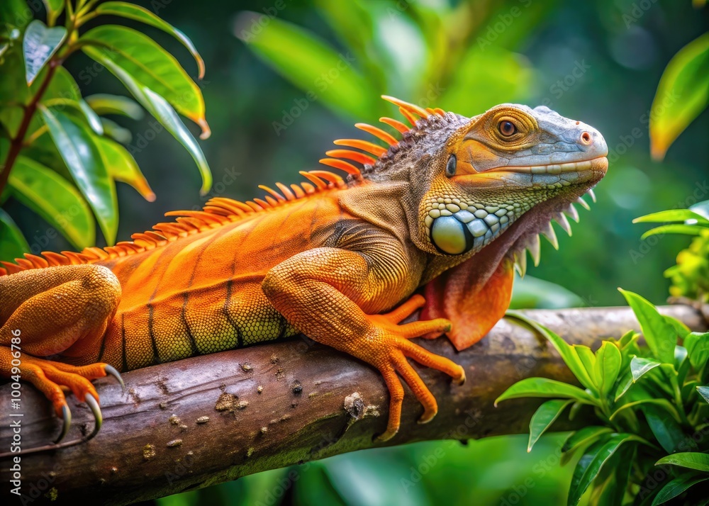 Vibrant Orange Iguana Relaxing on a Branch Surrounded by Lush Green Foliage in a Tropical Setting Vibrant Orange Iguana Relaxing on a Branch Surrounded by Lush Green Foliage in a Tropical Setting