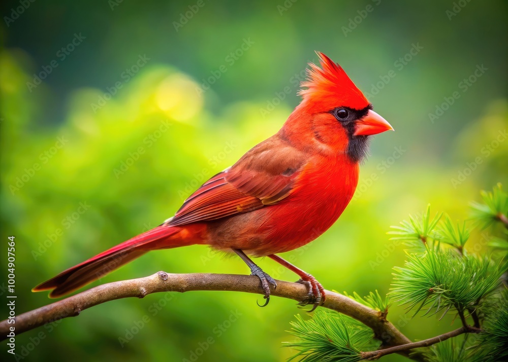 Vibrant Red Cardinal Bird Perched on a Branch Against a Soft Focus Green Background in Nature Vibrant Red Cardinal Bird Perched on a Branch Against a Soft Focus Green Background in Nature