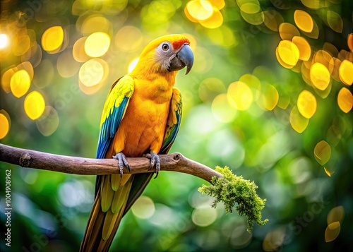 Vibrant Yellow Parrot Perched on a Branch in a Lush Green Environment Amidst Nature's Beauty
