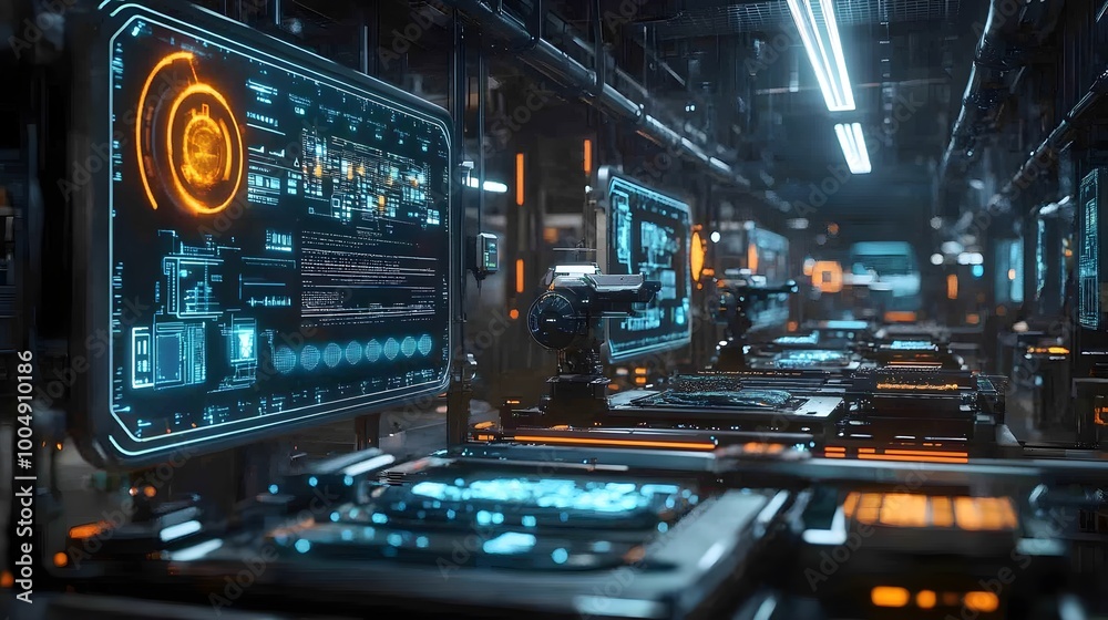 Robots and drones working in sync on a food processing line, holographic panels showing real-time data analysis, bright neon lighting, futuristic tech factory, 3D style Robots and drones working in sync on a food processing line, holographic panels showing real-time data analysis, bright neon lighting, futuristic tech factory, 3D style