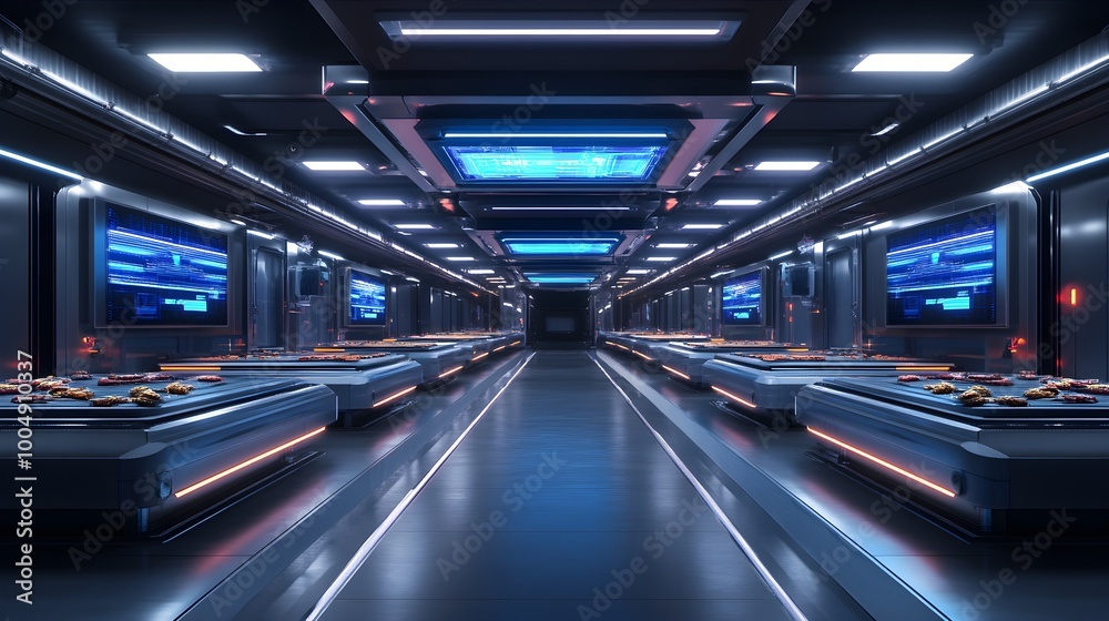 Fototapeta premium A sleek conveyor belt scanning food items with AI-driven quality control, blue and white holographic screens hovering above, cyberpunk vibes, neon lighting, ultra-realistic