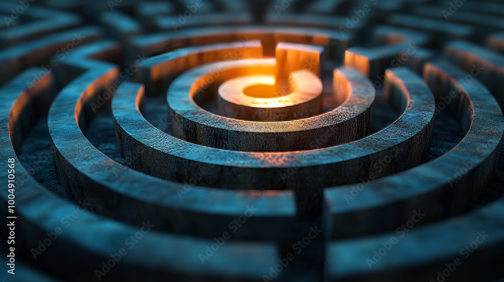 Complex circular maze with sharp turns and dead-ends, symbolizing difficult choices, a faint light at the center guiding towards clarity in decision-making Complex circular maze with sharp turns and dead-ends, symbolizing difficult choices, a faint light at the center guiding towards clarity in decision-making