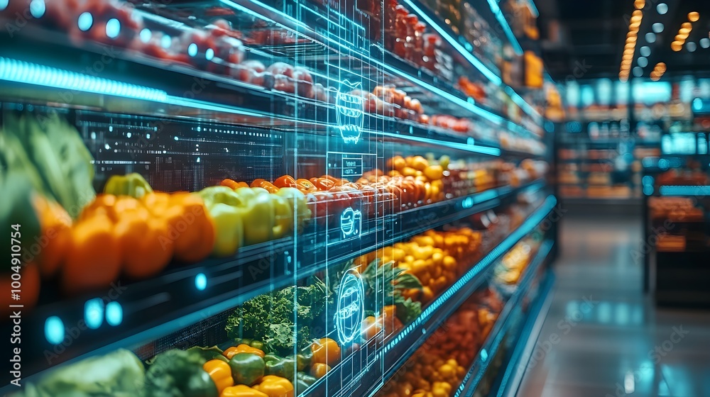 Holographic displays showing AI analysis of scanned food items, laser grids removing defective products, ultra-modern, metallic finishes, neon lights, hyper-realistic, 3D render