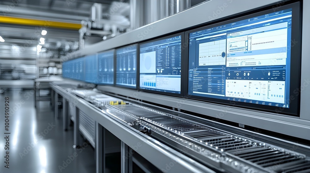 Fototapeta premium An AI-powered control room, multiple production lines with sensors tracking food quality, dashboard full of analytical data, clean and efficient layout