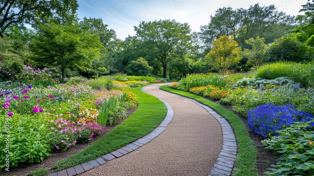 Curved path meandering through a botanical garden, surrounded by rare flowering plants and vibrant greenery, tranquil oasis under a bright sky