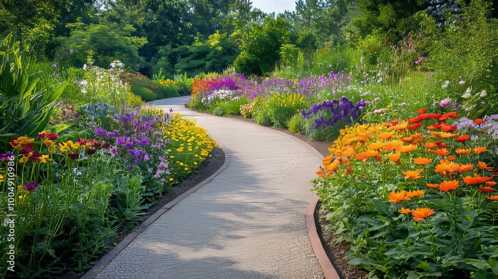 Curved path meandering through a botanical garden, surrounded by rare flowering plants and vibrant greenery, tranquil oasis under a bright sky Curved path meandering through a botanical garden, surrounded by rare flowering plants and vibrant greenery, tranquil oasis under a bright sky