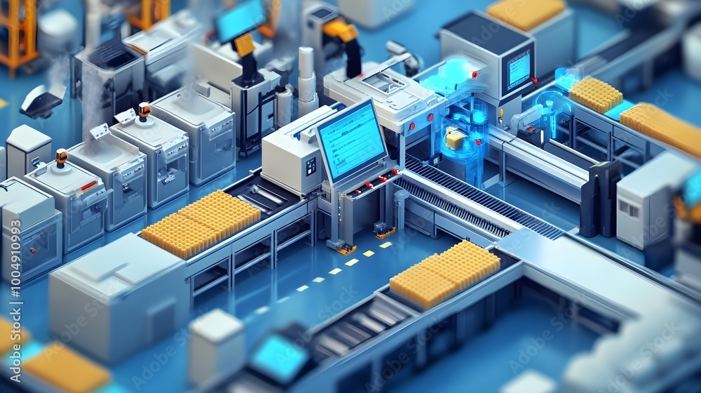 Obraz premium Advanced food manufacturing line with transparent machinery, ingredients moving through seamless processes, and AI quality control units monitoring production