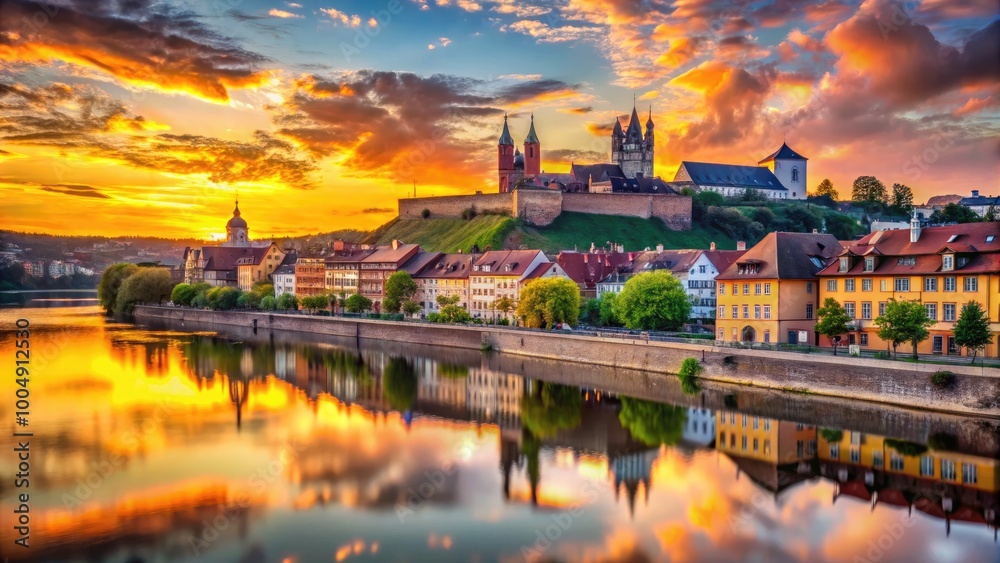 Fototapeta premium Wrzburg Skyline Silhouette at Sunset with Historical Buildings and River Reflections in Germany