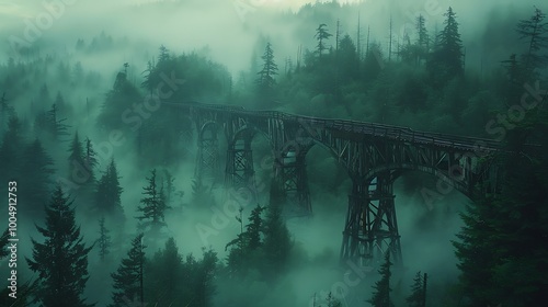 The Kinsol Trestle spanning a lush green forest on Vancouver Island, Canada, surrounded by towering trees and misty atmosphere photo