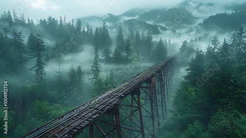 The Kinsol Trestle spanning a lush green forest on Vancouver Island, Canada, surrounded by towering trees and misty atmosphere photo