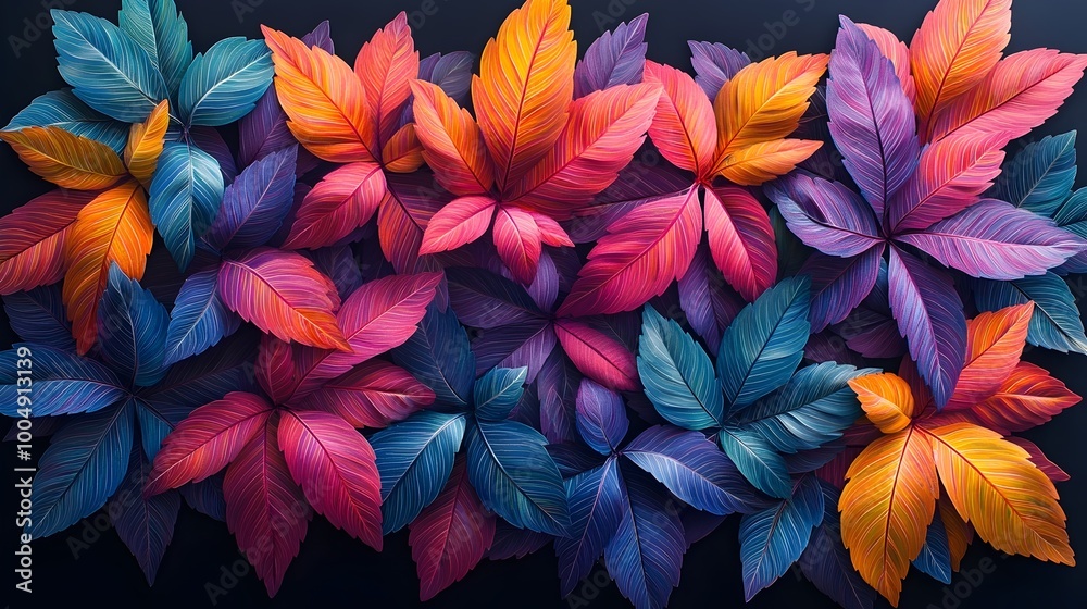 A vibrant arrangement of leaves in shades of blue, orange, pink, and purple, creating a visually stunning display of color and texture. A vibrant arrangement of leaves in shades of blue, orange, pink, and purple, creating a visually stunning display of color and texture.